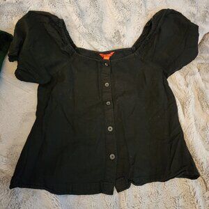 Linen/Cotton Blend Black Puff Sleeve Button down Crop Top - Joe Fresh Size 10
